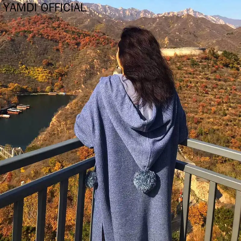 YAMDI женский теплый вязаный свитер, пальто, свободный раздельный кардиган с капюшоном, куртка с вышивкой, шикарный однотонный синий серый женский осень зима
