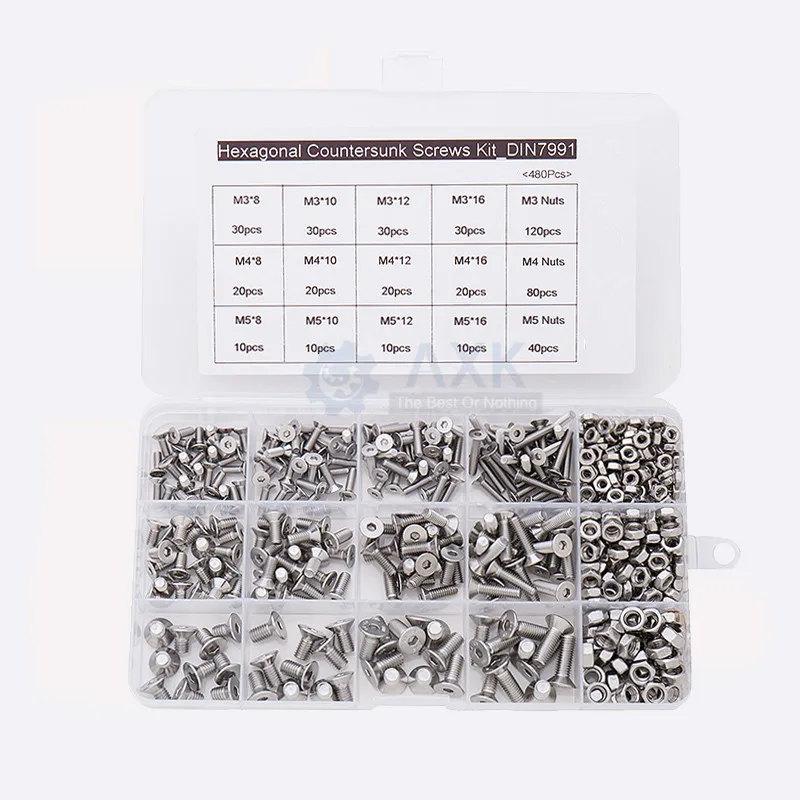 

480Pcs/set M3 M4 M5 DIN7991 ISO10642 A2-70 Hexagonal Countersunk Screws Flat Head Screw Hex Socket Bolt Assortment Kit DT