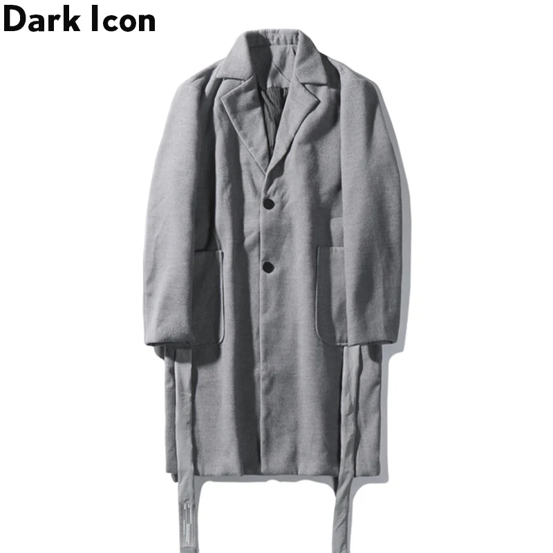 Длинный дизайнерский мужской Тренч с вышивкой в виде темных иконок, зимний удлиненный шерстяной Тренч с лентой, уличная одежда
