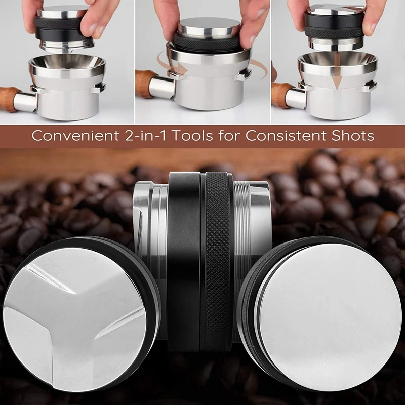 53mm Double Sided 2 in 1 Coffee Distributor//Leveler Stainless Steel Hands-Free 54mm Dosing Funnel Anodized Aluminum Needle Type Tumbler Espresso Coffee Stirrer for Breville 8 Series Black Set of 3