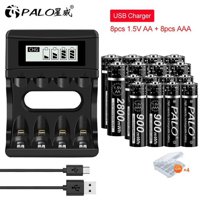 PALO 1.5V AA Li-ion Rechargeable Batteries+1.5v AAA Li-ion Rechargeable Batteries with LCD Smart 1.5V Lithium Battery Charger 8AA8AAA and charger