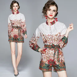 Conjunto de 2 piezas para mujer, pantalones cortos informales de un solo pecho con cuello redondo, con cinturón de diseñador, Camisa ajustada de manga corta, estampado para oficina, elegante e informal