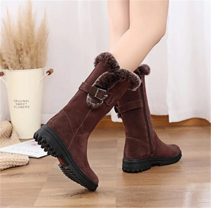 New Winter Fashion Boots Scrub Cowhide Rabbit Fur Women Snow Boots Flat Wedges Non-slip In-tube Boot Women Leather Shoes Boots