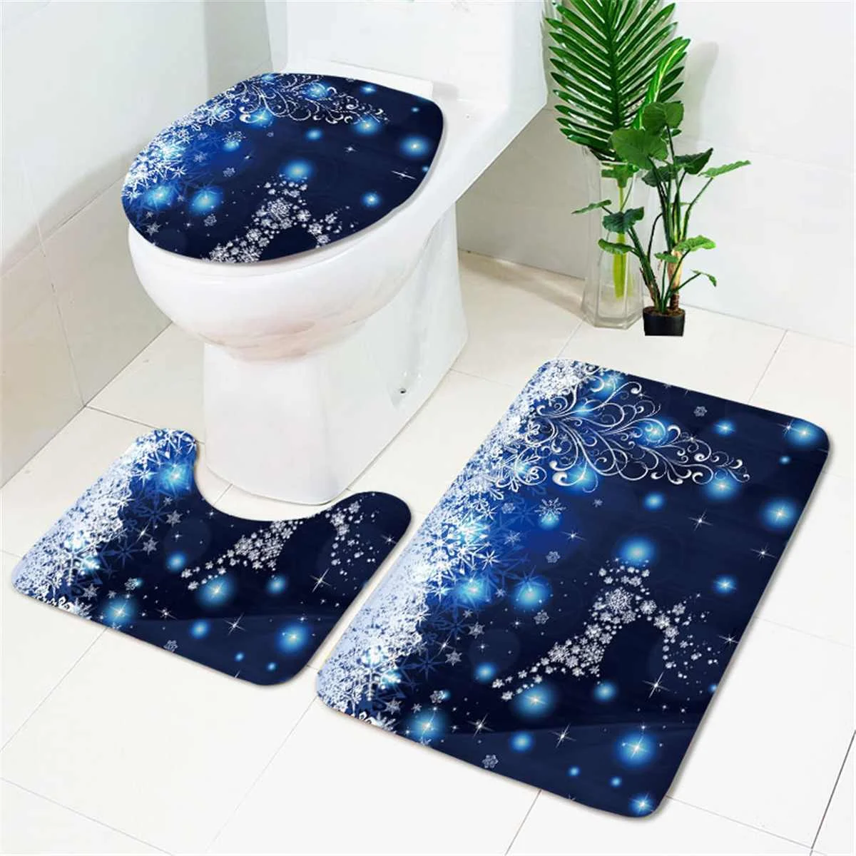 1/3/4pcs New Year Shower Curtains Blue Christmas Ball Snowflake Tree Waterproof Polyester Fabric Shower Curtain Set Doormat - Цвет: 3pcs