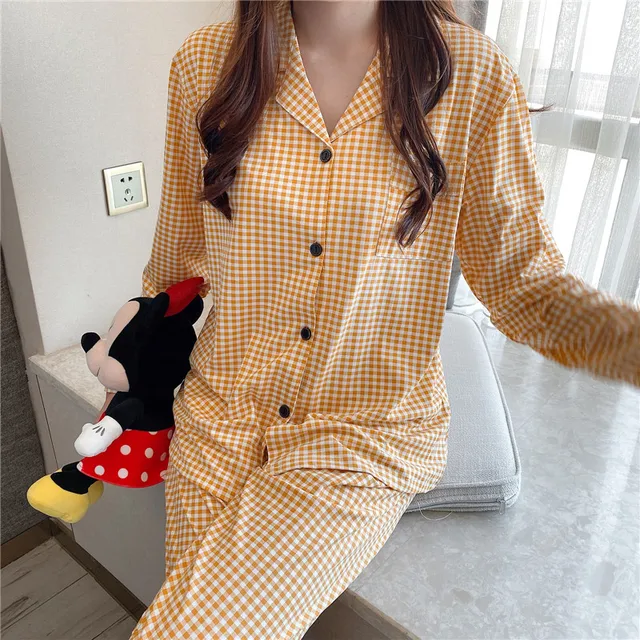 CAIYIER Autumn Winter New Sleepwear Set Women Turn-down Collar Pajamas Cute Cartoon Pattern Button Top+Pants Leisure Home Wear 908-14