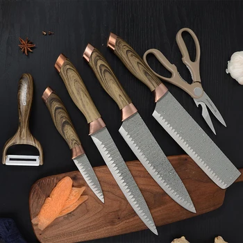 

6pcs Kitchen Knife Set Maifan Stone Wave Pattern Meat Cleaver Knife Household Stainless Steel Knife Set Gift Kitchen Tools