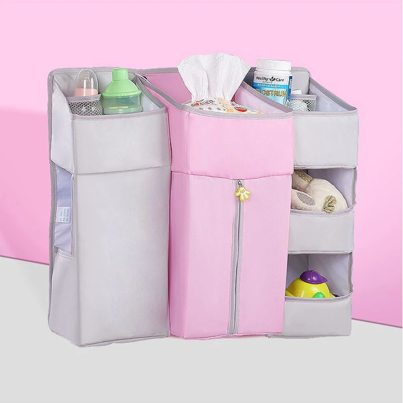 Портативный органайзер для детской кроватки, подвесная сумка для детской кроватки, сумка для хранения пеленок, сумка для кроватки, Комплект постельного белья, прикроватная пеленка Caddy - Цвет: Gray Pink