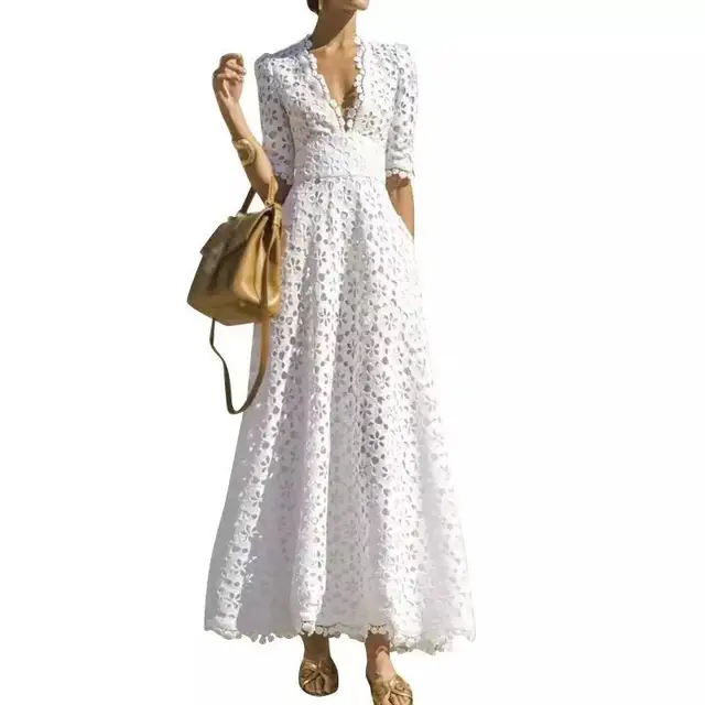 IVY HE Elegant White Maxi Dress For Women V Neck Half Sleeve High Waist Hollow Out Slim Dresses Women New Style Fashion Traf ZA 6
