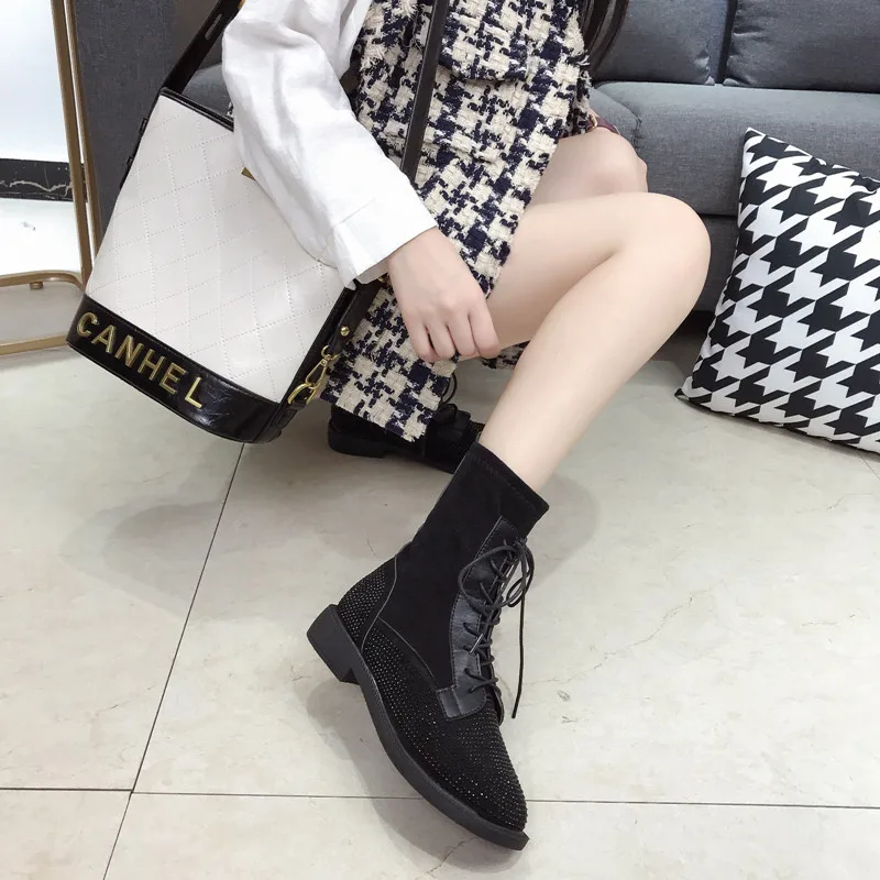 

Thin plus Velvet Short Boots Women's British-Style Retro Thick Bottomed Flat Elasticity Thin xue wa Boots Bandage Cloth Man-made