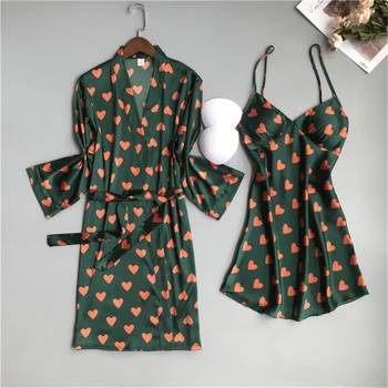 

Long-sleeved nightgown feminine sling two-piece nightdress with chest pad nightgown attractive cute home service peignoir 2020