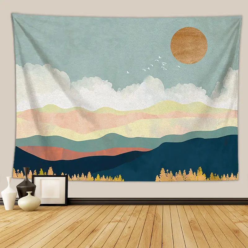 Гобелен в скандинавском стиле с изображением заката горы, ковер с японской масляной росписью, ткань с пейзажем, хиппи, психоделические гобелены, богемные пейзажи - Цвет: 36