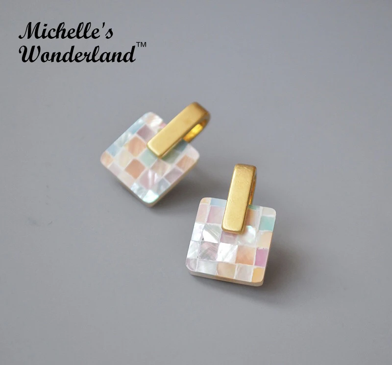 Mosaic Shell Square Gold Color Earrings High Quality for Women Fashion Icon Luxury Elegant Anniversary Gift | Украшения и
