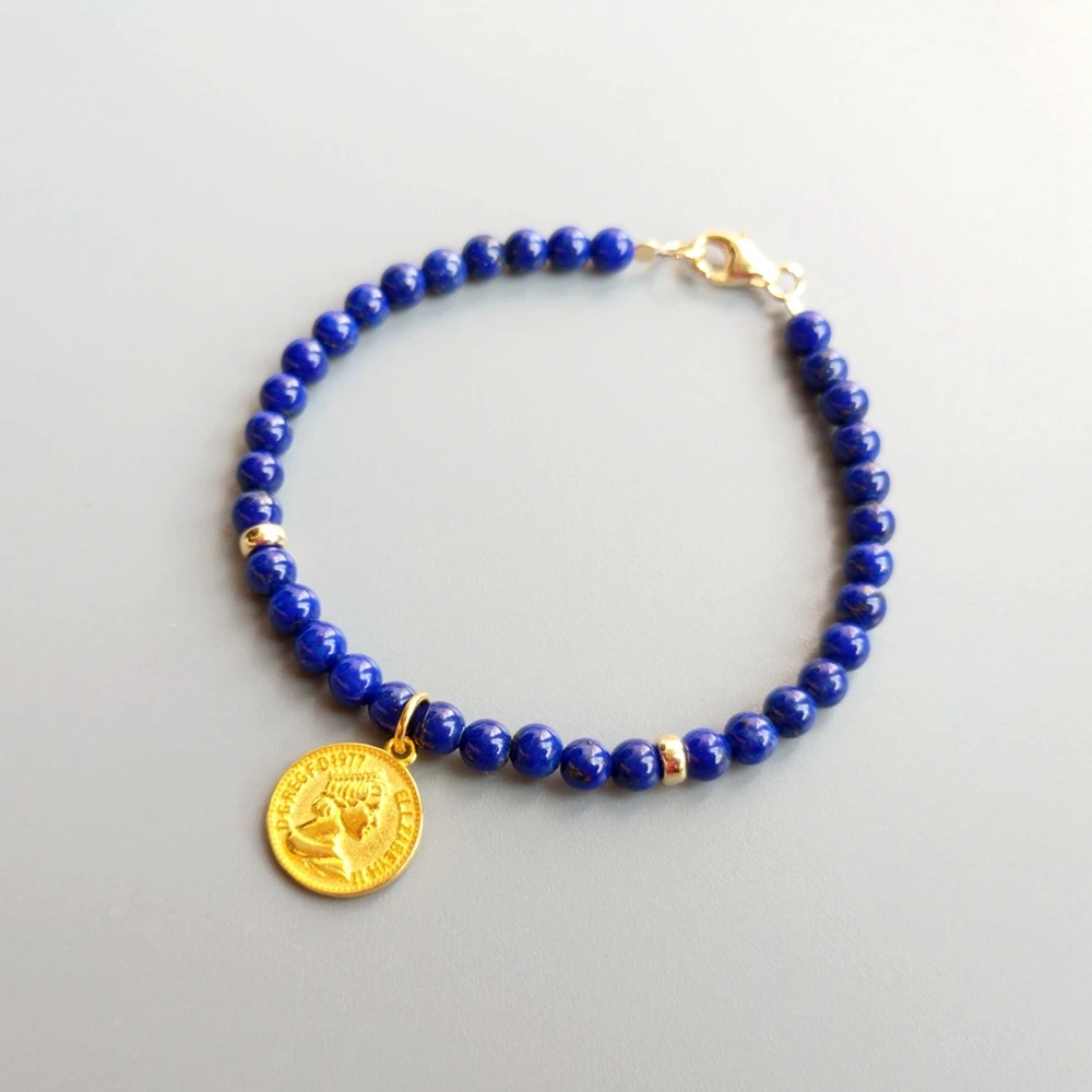 LiiJi Unique Genuine Lapis Lazuli 4mm Beads with S925 Sterling Silver Gold Color Coin Charm or Lucky Triangular Charm Bracelet
