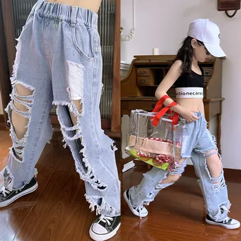 

Baby Girl Front and Back Big Hole Jeans 2020 Summer New Korean Version of The Big Boy Children Loose Beggar Pants Collapse Pants