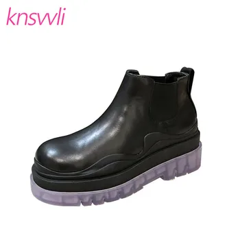 

New Clear Thick Sole Chelsea Boots Women Candy Color Platform Shoes Woman Casual Motorcycle Boots Leather Ankle Boots For Women