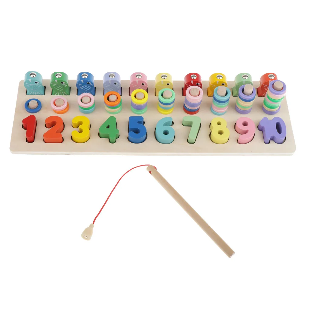 Montessori Wood Blocks Shape Sorter Number and Stacking Learning Educational Toys, Kids Children Fishing Toy