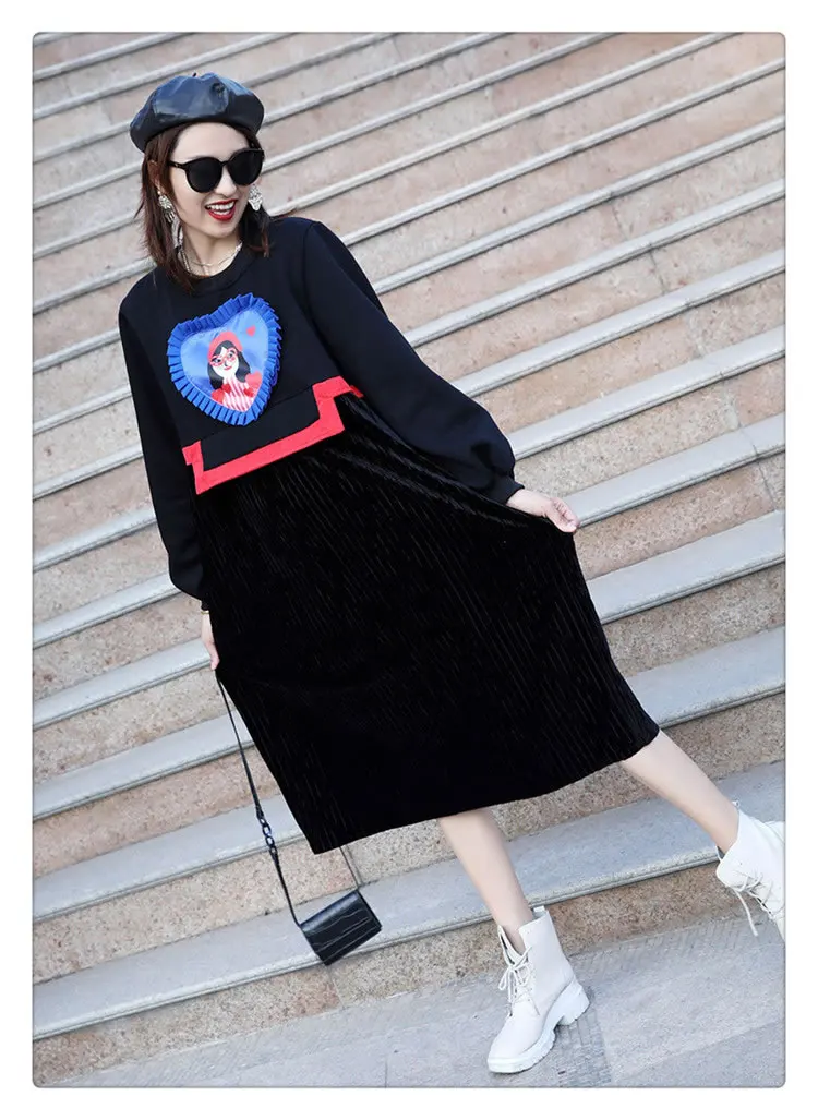 XITAO Плиссированное черное платье с узором женская одежда пуловер размера плюс лоскутное повседневное прямое платье с длинным рукавом DMY1477