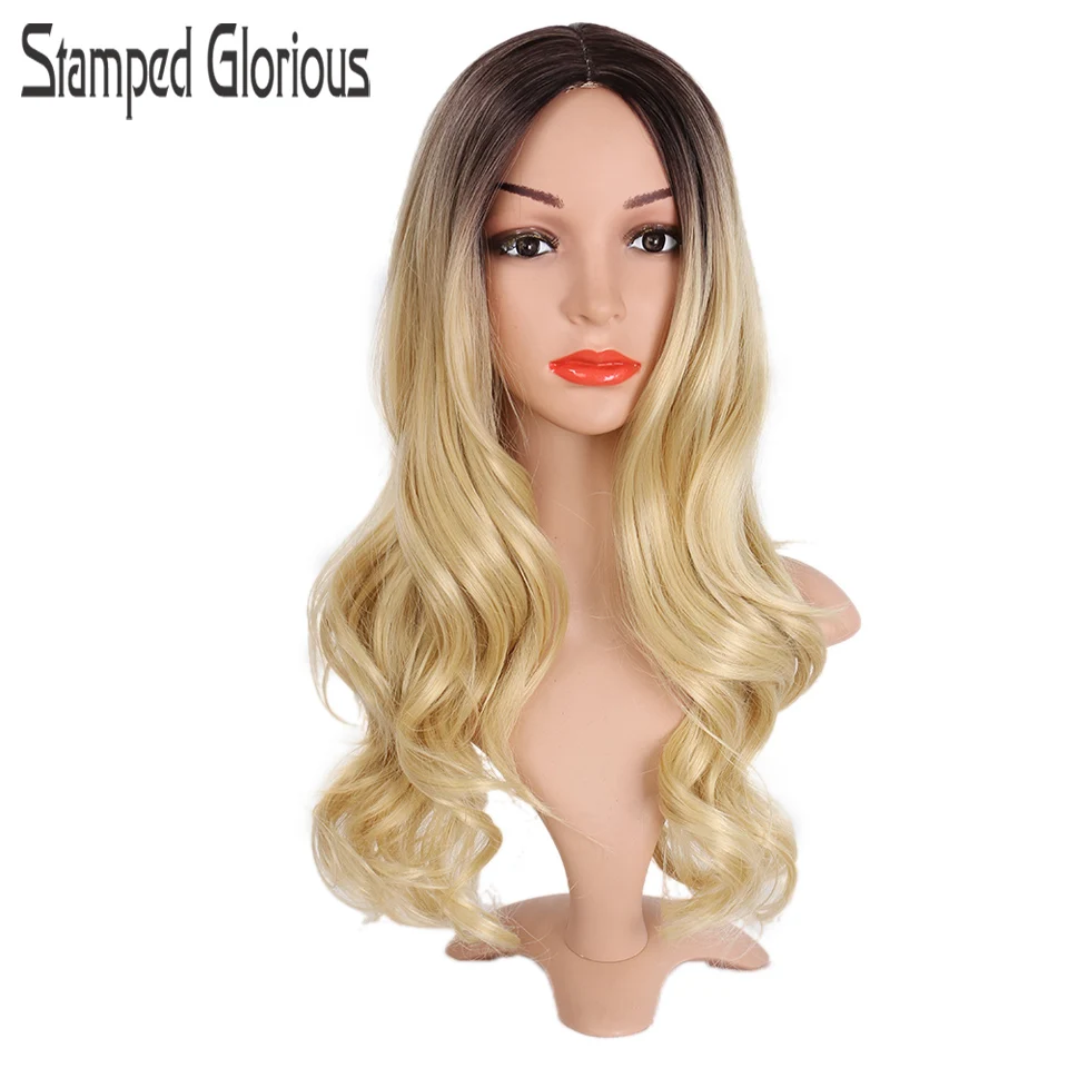 

Stamped Glorious 24inches Wave Wig Ombre Black Blonde Wig Synthetic Wigs for Women High Temperature Fiber Average Size