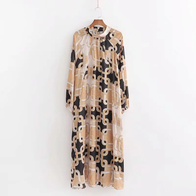

Vintage Printing Women Stand Collar Oversize Midi Dress 2019 Autumn Leisure Lady Long Sleeve Loose Dresses D3580