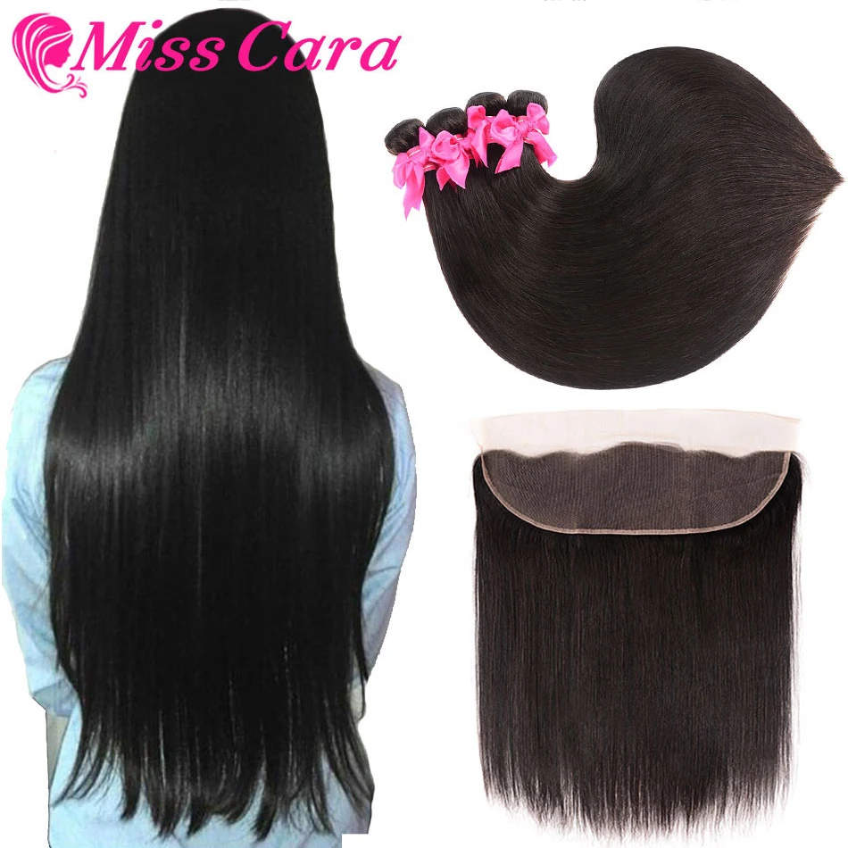 Перуанские прямые пряди волос с фронтальной Miss Cara 100% Remy человеческие волосы 3/4