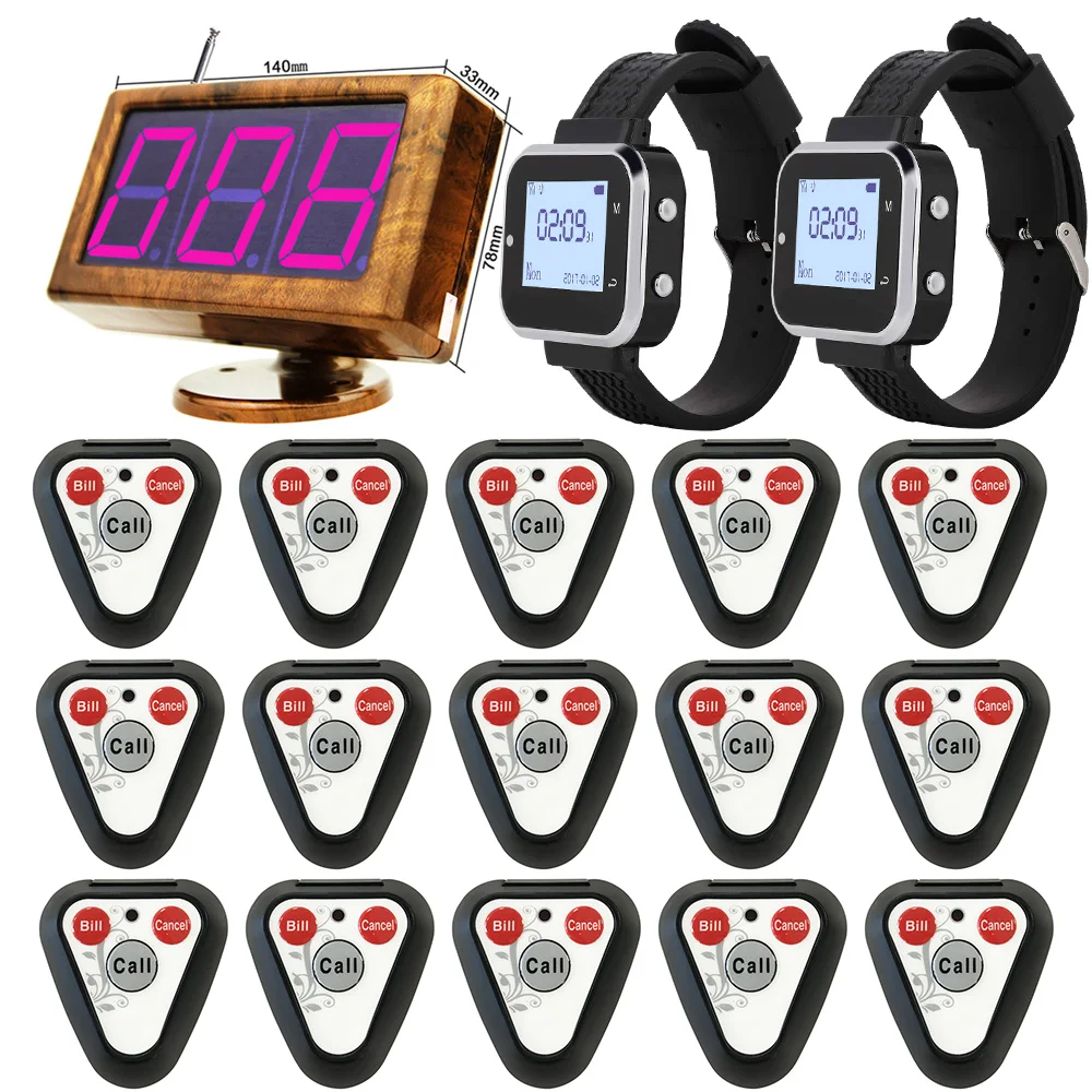 

JINGLE BELLS Wireless Calling System 15 Buttons+ 2 Watch Receiver+1 Main Host Display Restaurant Pagers Paging Buzzer