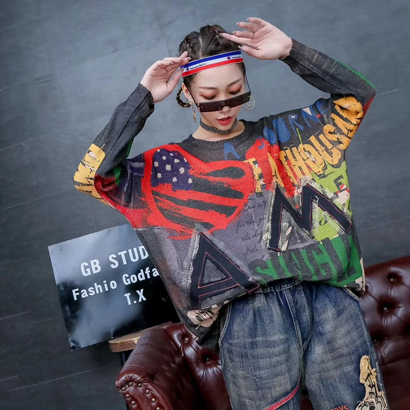 

Hip Hop Style Letter Bronzing Knitted Pullover Elegant 2020 Autumn Korea Fashion Casual Loose Sweater Top Tide