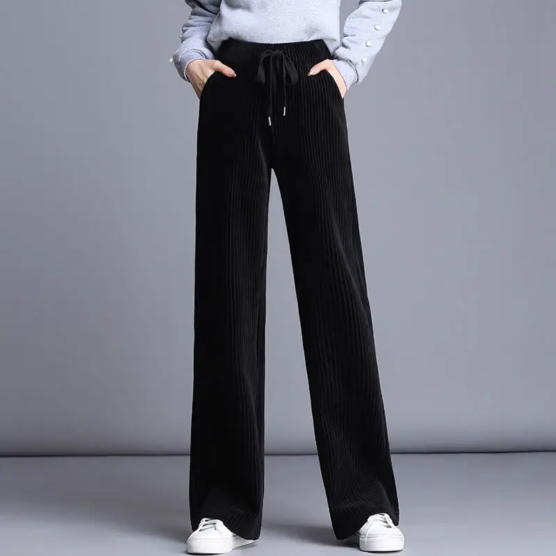 Corduroy Pants for Women Autumn Winter 2021 Elastic High Waisted Straight Wide Leg Trousers High Fashion Black Gray New Pants baggy jeans