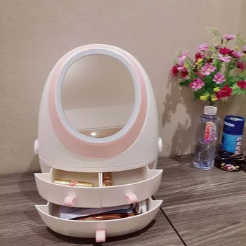 

makeup LED mirror with cosmetic classification storage case USB charge rotation vanity round Oval mirror box