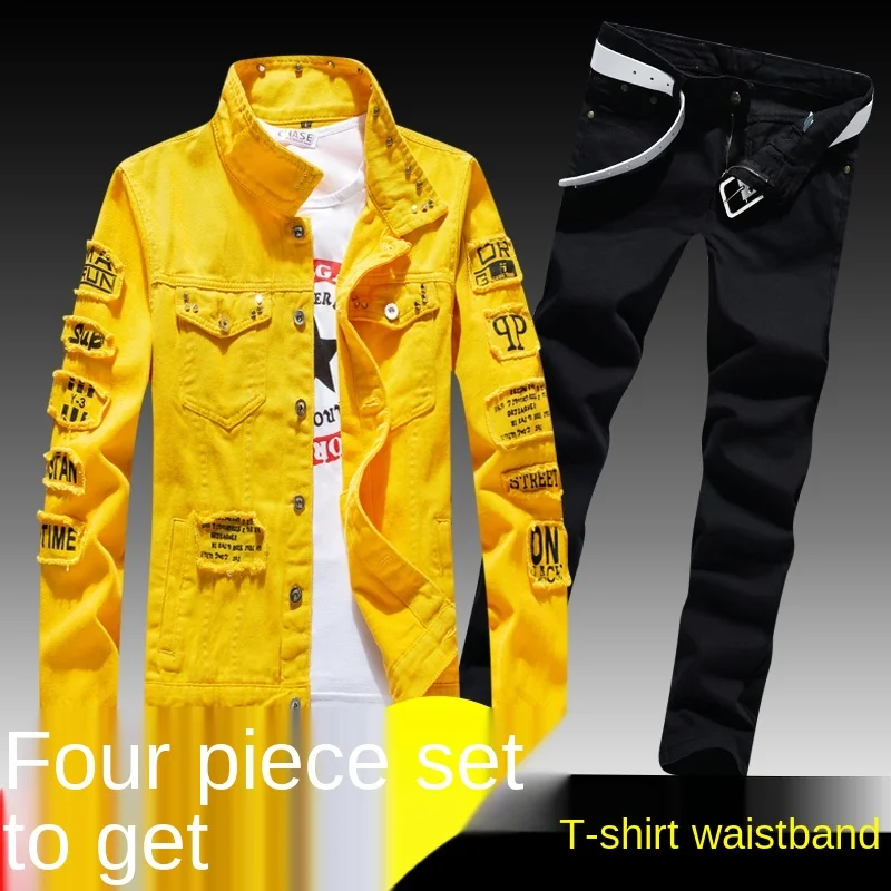 Men's Denim Jacket Jeans Pants Letters Printing Long Coat