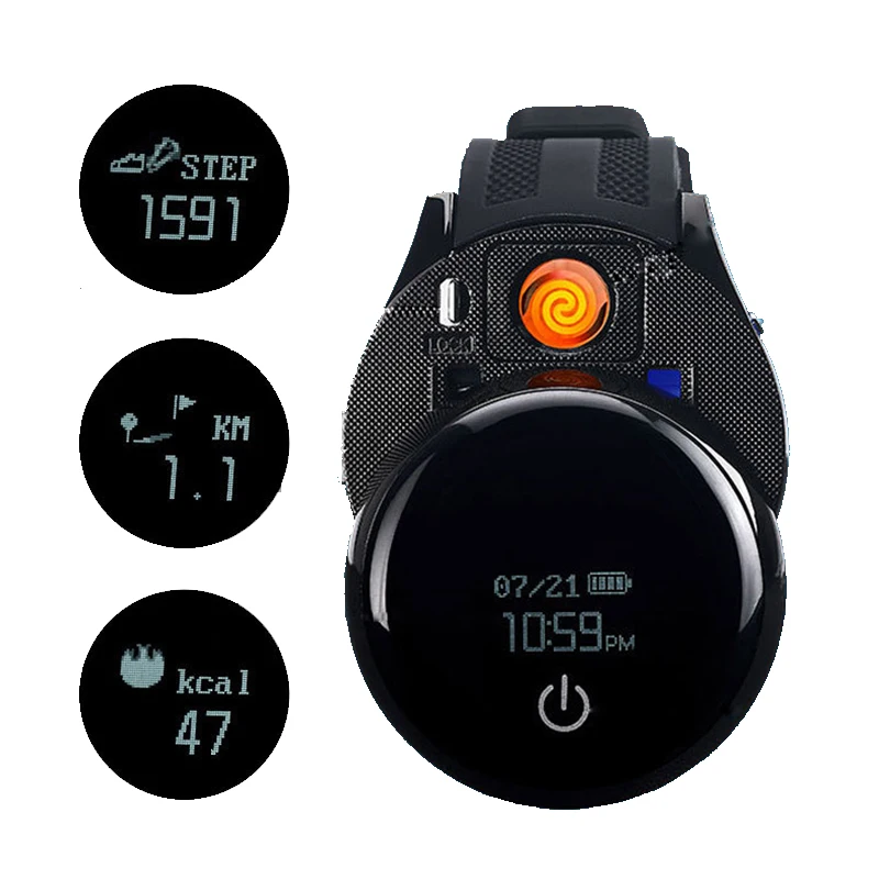 

Sport Rechargeable Cigarette lighter Smart Watch Wristband Calculate Steps Call Reminder USB Bluetooth Clock Men Watch Lighter