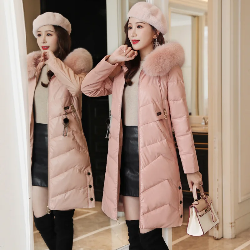 

Down Jacket Cotton-padded Clothes Women's 2019 Korean-style Winter New Style Medium-length PU Leather Really Fox Fur Collar Leat