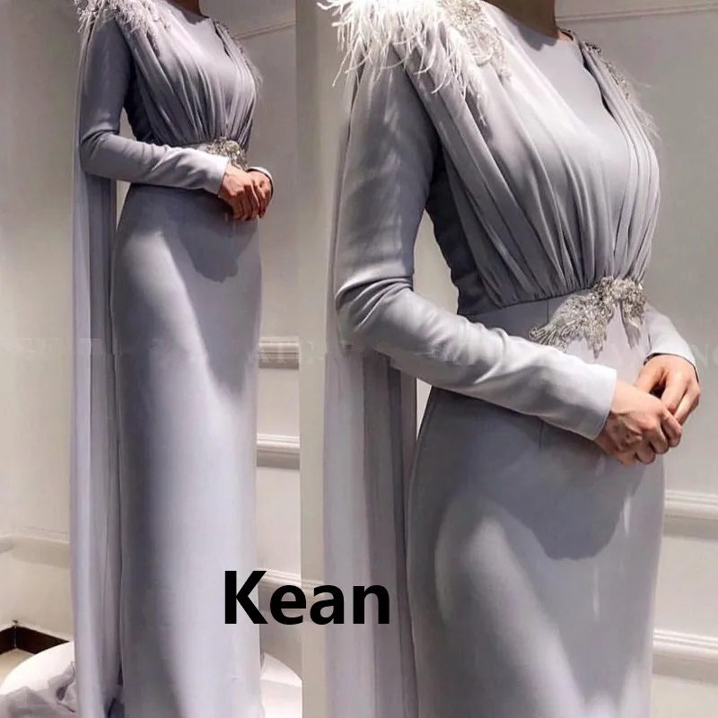 

Silver With Jacket Evening Dresses Mermaid Feather Satin Muslim Islamic Dubai Saudi Arabic Evening Gown Prom vestidos de festa