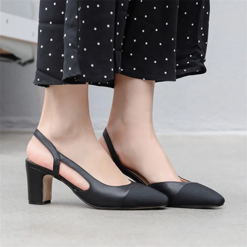 Rarove Low Heels Real Leather Slingbacks Shoes Women Square Toe Pumps