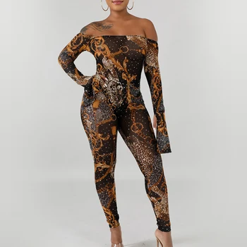 

2019 Sexy Mesh Sheer Nightclub Jumpsuits Print Off Shoulder Full Sleeve Slash Neck Black Women Backless See Through Bodysuits