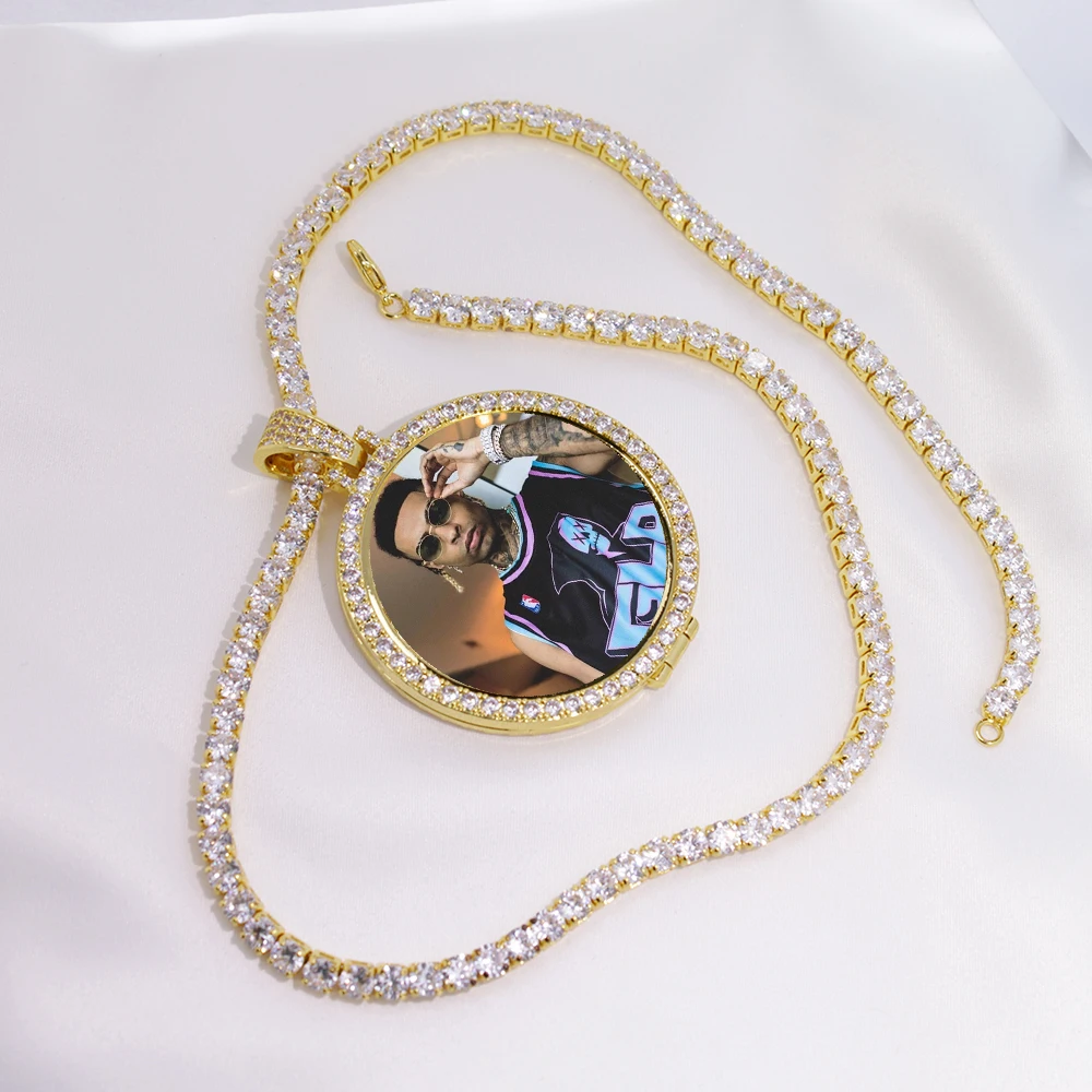 

Round Photo Custom Made Photo Medallions Pendant Picture Necklace & Tennis Chain Gold Silver Cubic Zircon Men's Hip Hop Jewelry