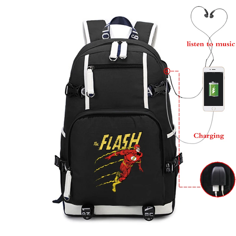 

USB Charging Men Backpack Large Capacity School Bag The Flash Printed Travel Back Pack Men's Super Backpack Male Bag Sac A Dos