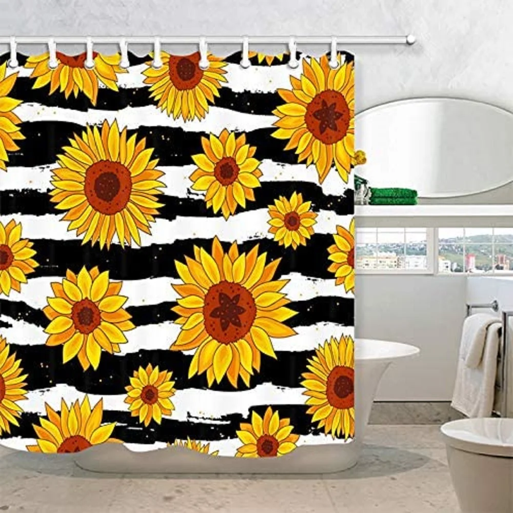 

Занавеска для душа с цветочными подсолнухами, черно-белые полосы с дизайном акварельных цветов, осенняя Цветочная занавеска для ванной sDecor