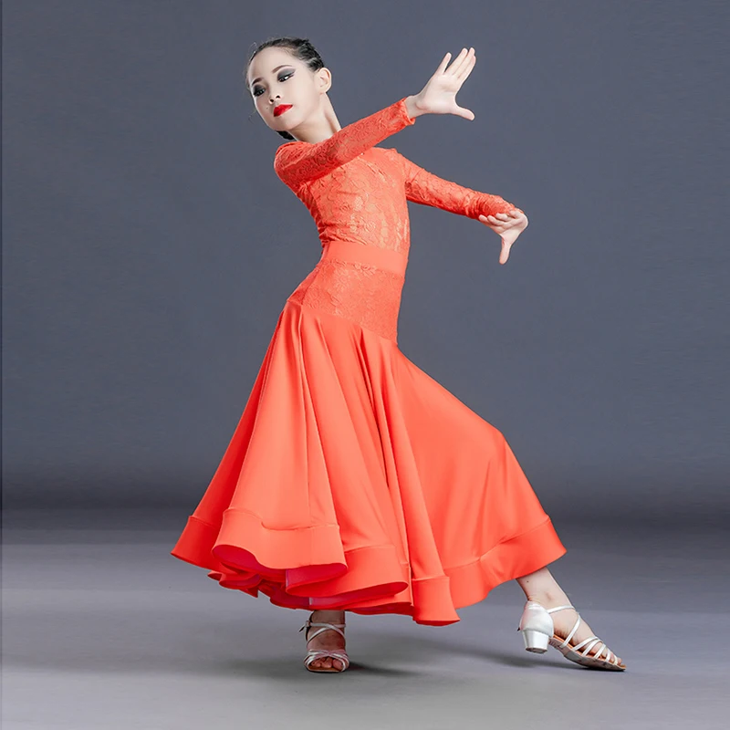 Standard Waltz Dancing Clothing Ballroom Performance Costume Suit Long Sleeve Lace Leotard Stitching Skirt Practice Wear VDB5659