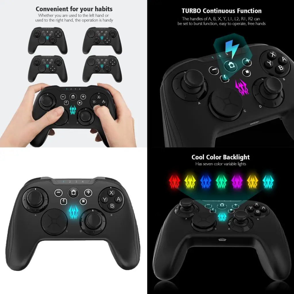 Game Controller Wireless Joystick Gamepad with Seven Variable Color Backlights for N-Switch with Data Cable, Black