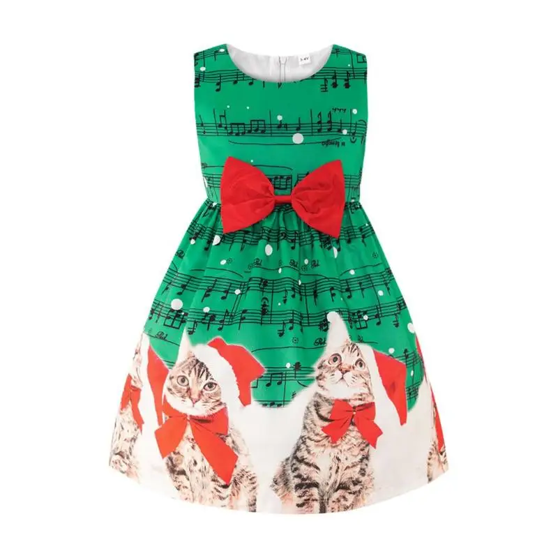 Дизайн, детское платье без рукавов бант, Рождественская одежда платье принцессы с изображением кота и нот рождественское платье для маленьких девочек