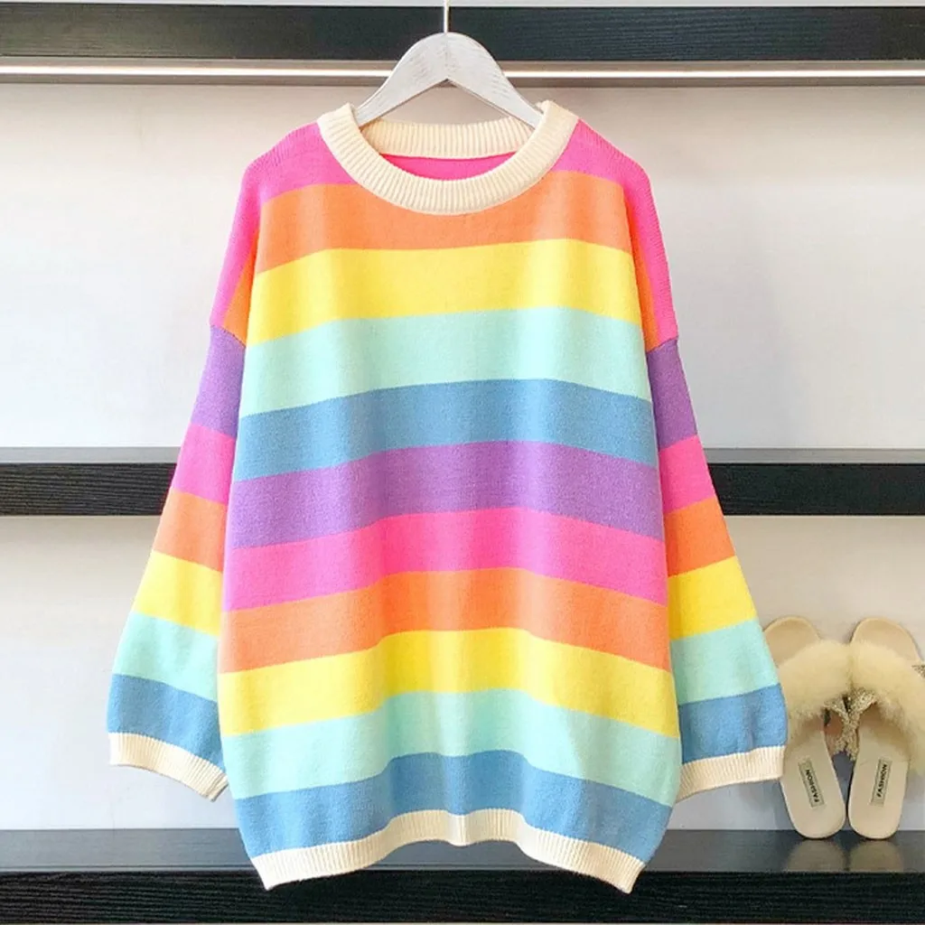 Womail Rainbow Stripe Casual jersey mujer invierno Winter fashion knit sweater women tops O-Neck Loose Long pull femme nouveaute