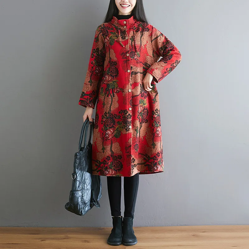 

2019 Autumn And Winter New Style Ethnic-Style Large Size Dress Cotton Linen Printed Brushed And Thick Mid-length Cotton Overcoat