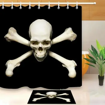 

White Skull Black Backdrop Shower Curtain Liner Bathroom Waterproof Fabric Hooks