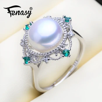 

FENASY Natural Freshwater Pearl Rings For Women 925 Sterling Silver Bohemian Emerald Green Crystal Square Adjustable Female Ring