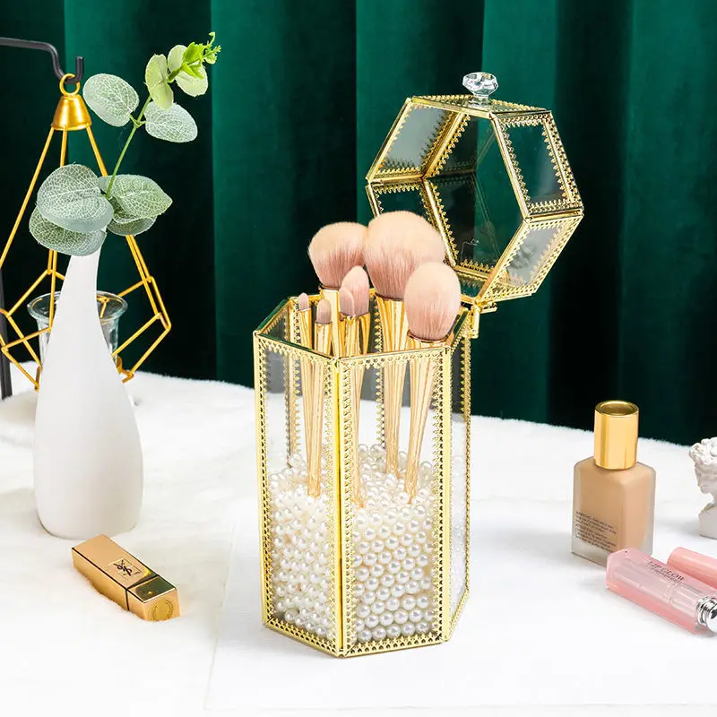 Ins Vintage Glass Makeup Brush Holder Gold Square Prismatic Copper Edging  Cosmetic Holder Lipstick Pencil Storage Container 3