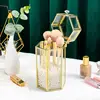 Ins Vintage Glass Makeup Brush Holder Gold Square Prismatic Copper Edging  Cosmetic Holder Lipstick Pencil Storage Container 3