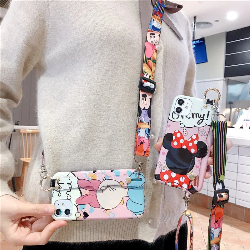 Disney Cartoon Mickey Minnie Mouse Daisy Donald Duck Wrist Strap Lanyard Phone Case For IPhone 12 Pro Max 11 7 8 Plus X XR SE XS
