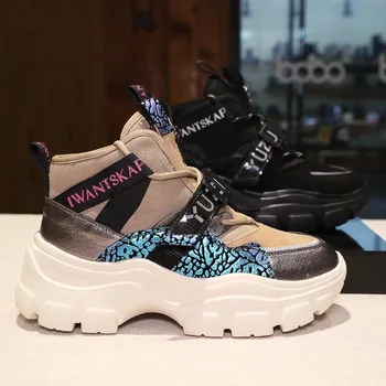 

2019 Spring New Leather Women's Platform Chunky Sneakers Fashion Women Flat Thick Sole Shoes Woman Dad Footwear T6-10