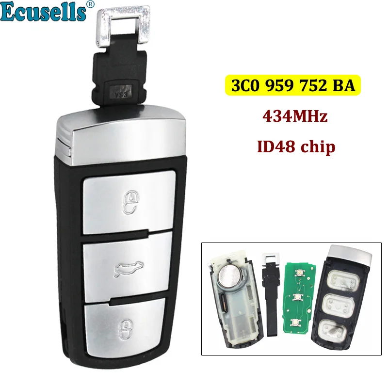 3-кнопочный смарт-ключ для автомобиля Volkswagen 3C0 959 752 BA 433 МГц 434 ID48 чип VW Passat B6 Magotan CC