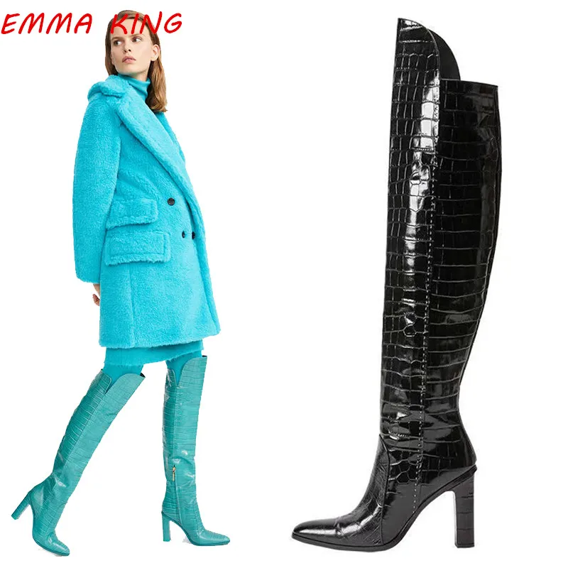 

2020 Women Chunky Heels Knee High Crocodile Boots Pointed Toe Runaway Shoes Woman Winter Side Zipper High Heels Sexy Long Boots